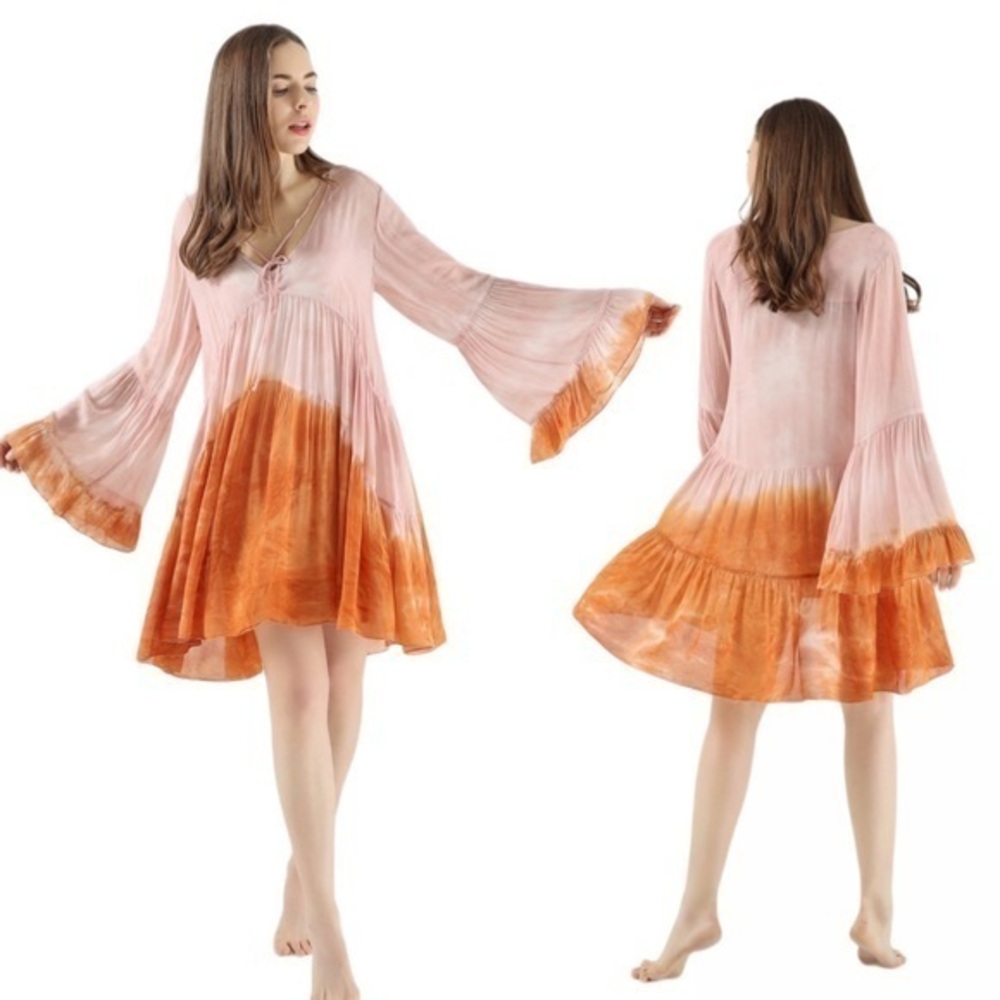 Young Fabulous & Broke Rosa Tiered Oversized Bell Sleeves Dip Tie Dye Dress